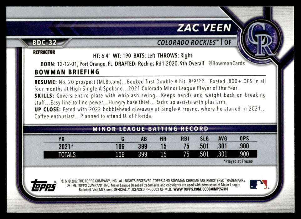 2022 Bowman Draft #BDC-32 Zac Veen Chrome Refractor