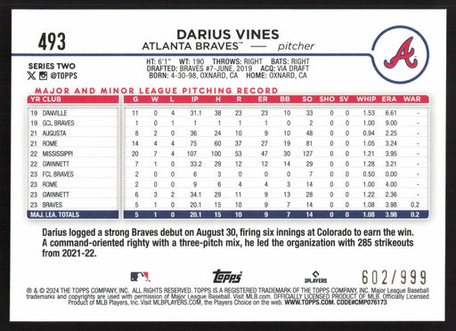 2024 Topps #493 Darius Vines Blue Holofoil #/999