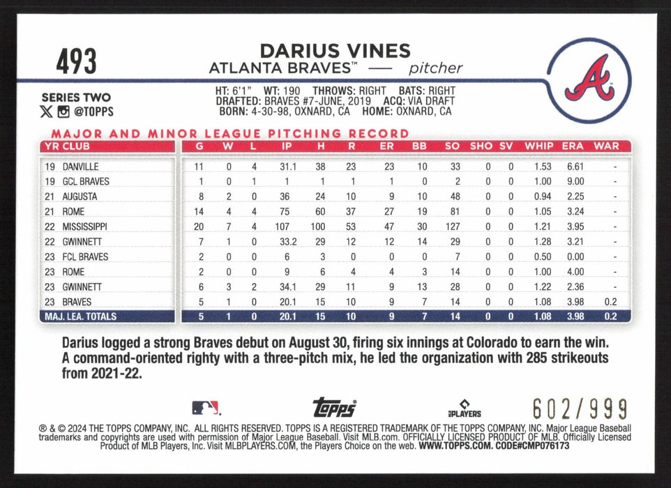 2024 Topps #493 Darius Vines Blue Holofoil #/999