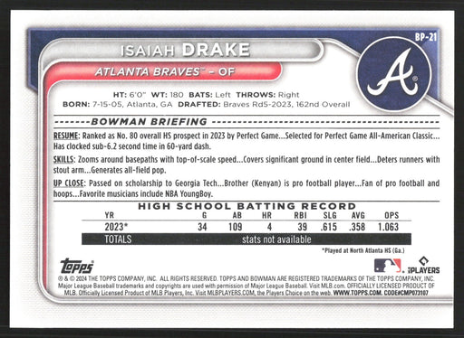 2024 Bowman #BP-21 Isaiah Drake Base