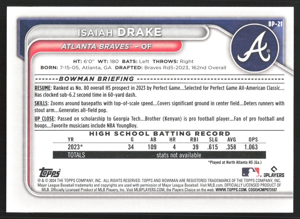 2024 Bowman #BP-21 Isaiah Drake Base