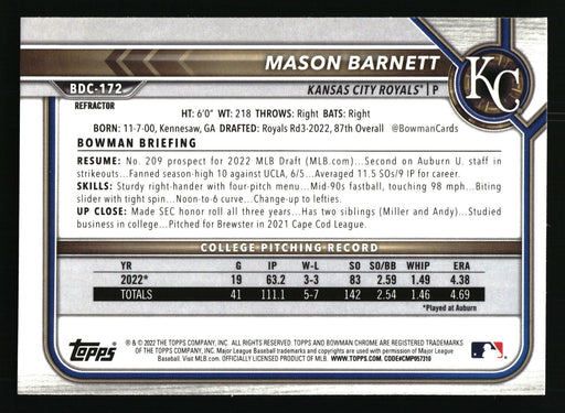 2022 Bowman Draft #BDC-172 Mason Barnett Chrome Refractor