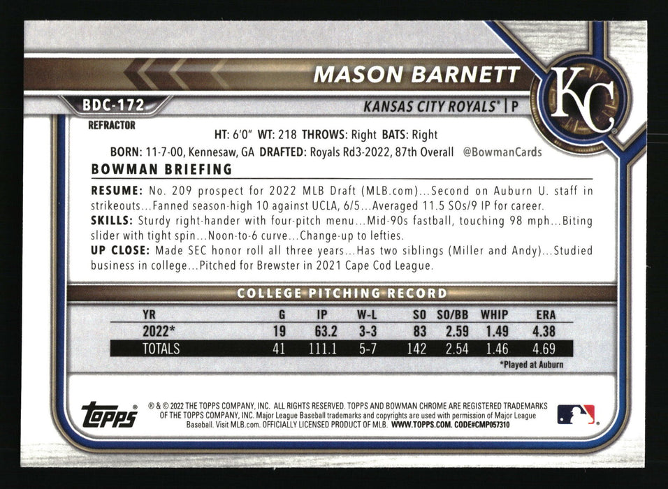 2022 Bowman Draft #BDC-172 Mason Barnett Chrome Refractor