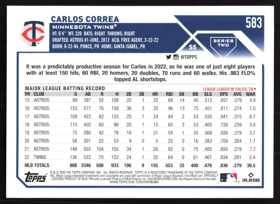 2023 Topps #583 Carlos Correa Rainbow Foil