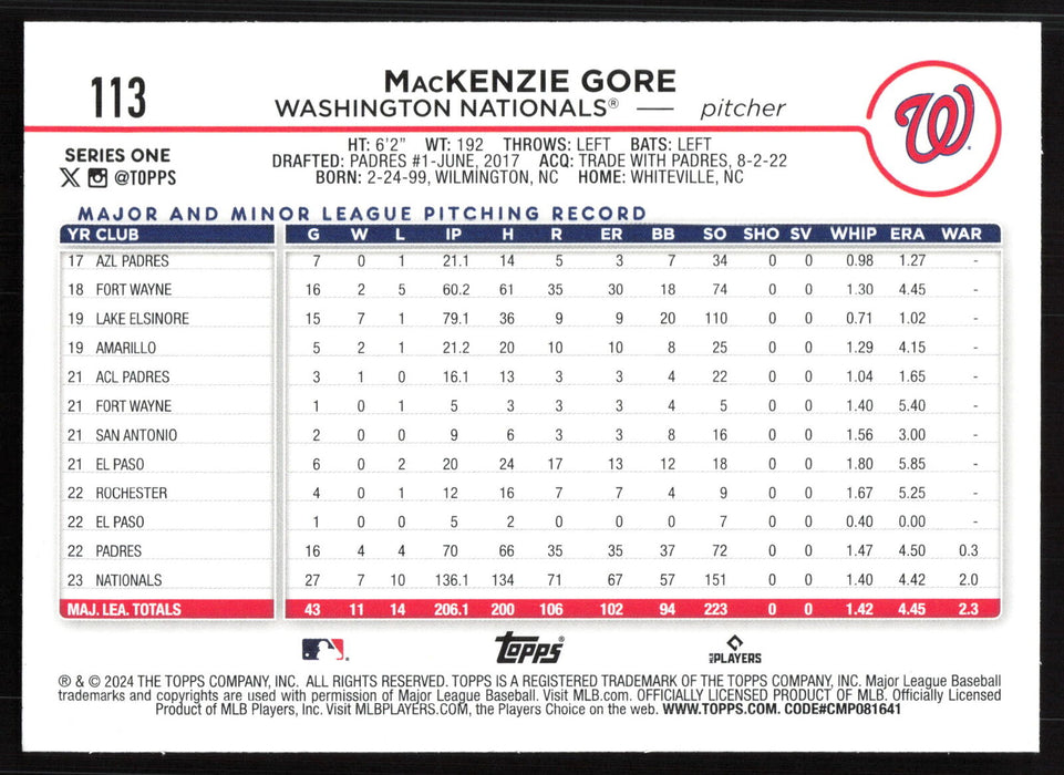 2024 Topps #113 MacKenzie Gore Holiday