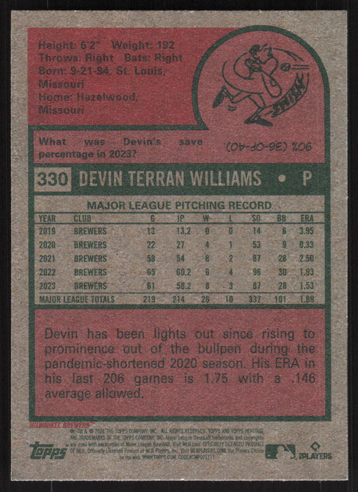 2024 Topps Heritage #330 Devin Williams Base