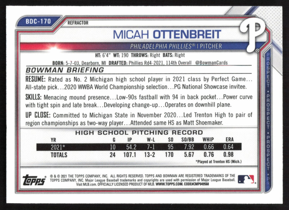 2021 Bowman Draft #BDC-170 Micah Ottenbreit Chrome Refractor