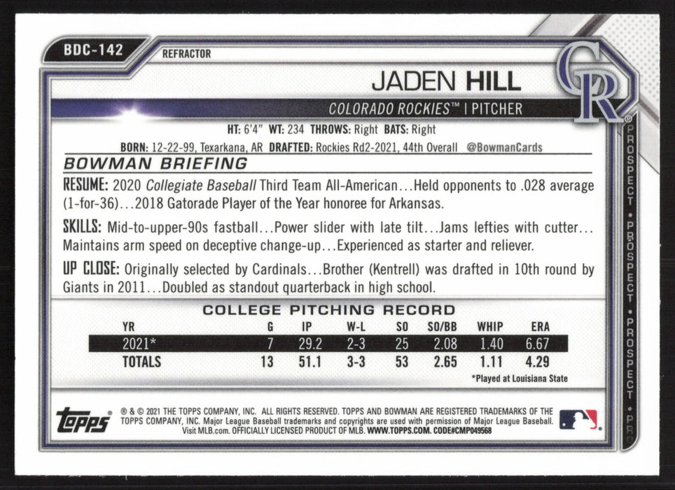 2021 Bowman Draft #BDC-142 Jaden Hill Chrome Refractor