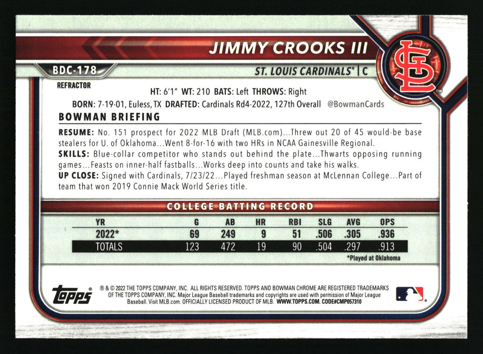 2022 Bowman Draft #BDC-178 Jimmy Crooks III Chrome Refractor