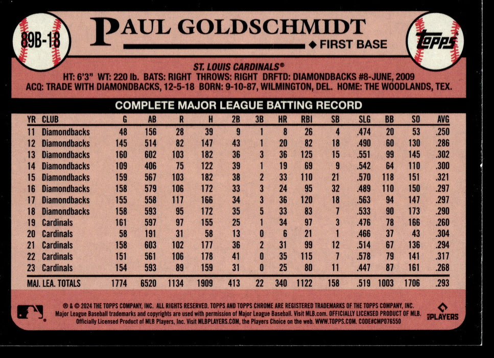 2024 Topps #89B-18 Paul Goldschmidt 1989 Topps Baseball 35th Anniversary Foil