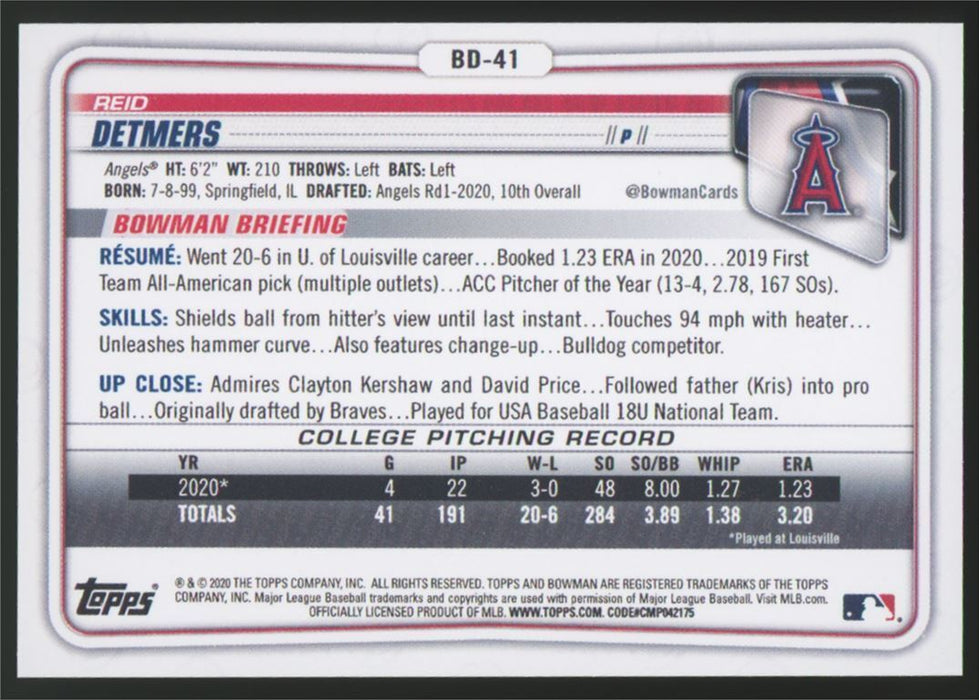 2020 Bowman Draft #BD-41 Reid Detmers Sky Blue #/499