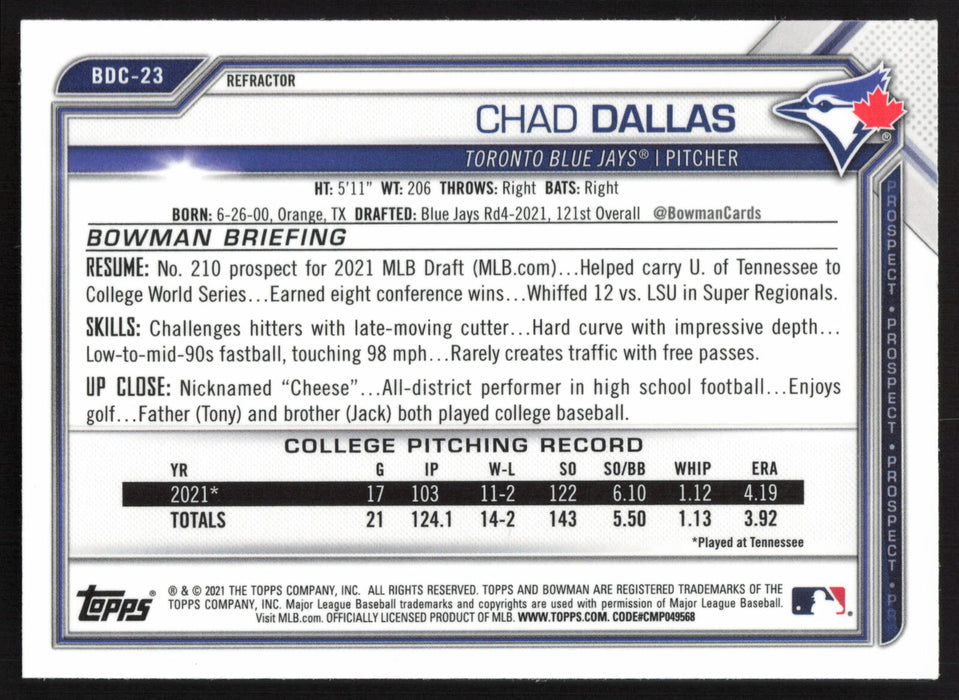 2021 Bowman Draft #BDC-23 Chad Dallas Chrome Refractor