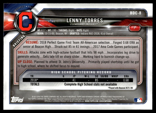 2018 Bowman Draft #BDC-8 Lenny Torres Chrome