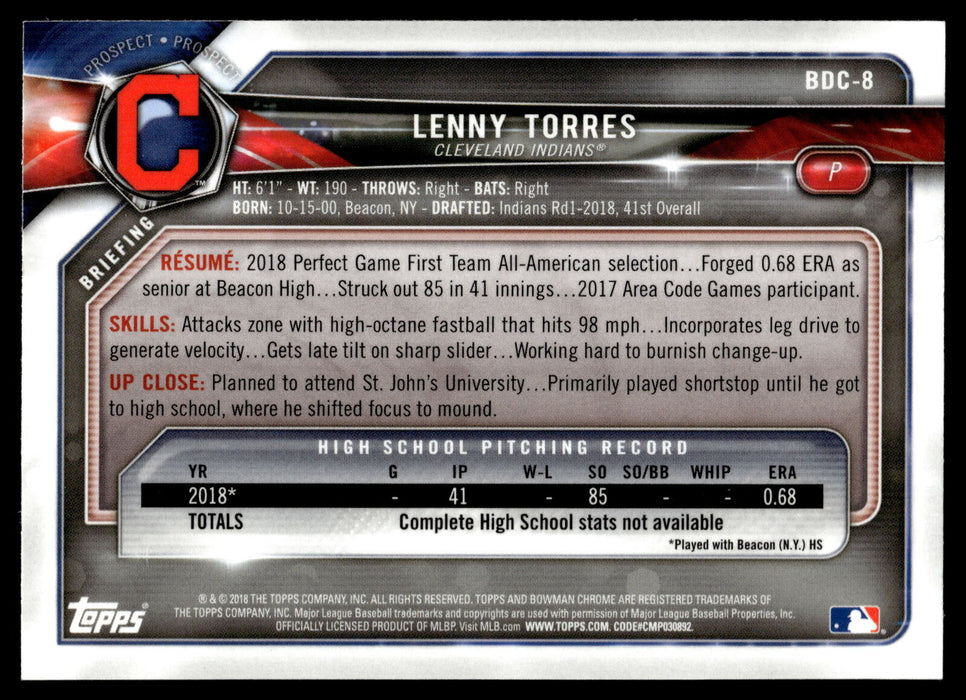 2018 Bowman Draft #BDC-8 Lenny Torres Chrome