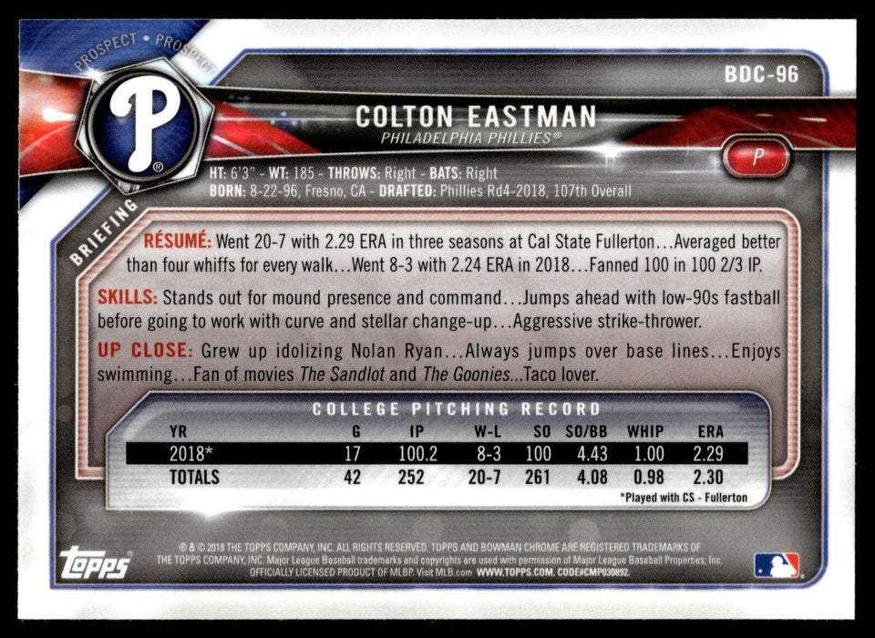 2018 Bowman Draft #BDC-96 Colton Eastman Chrome