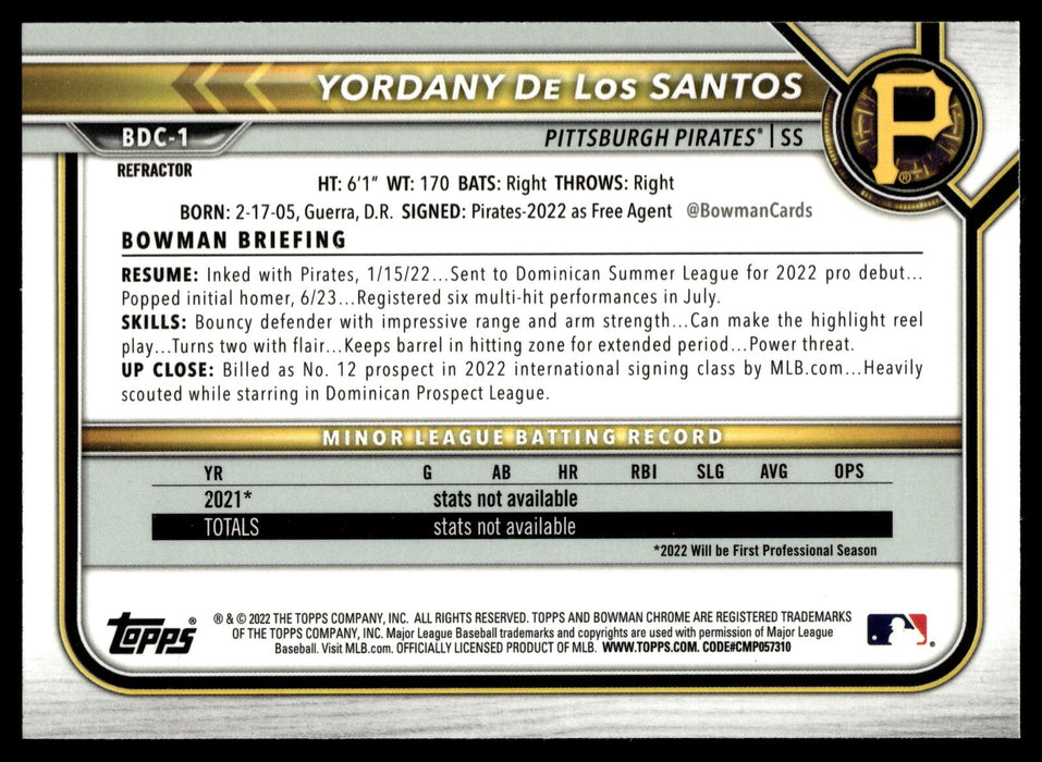 2022 Bowman Draft #BDC-1 Yordany De Los Santos Chrome Refractor