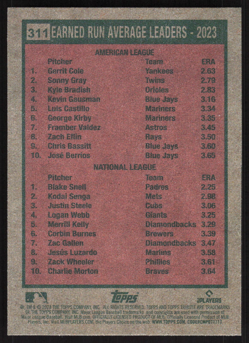 2024 Topps Heritage #311 Earned Run Average Leaders - 2023