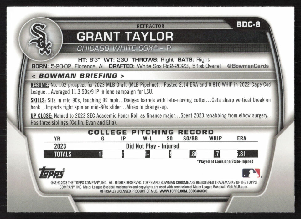 2023 Bowman Draft #BDC-8 Grant Taylor Chrome Refractor