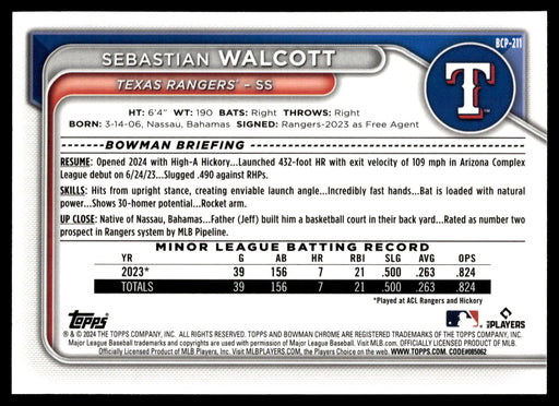 2024 Bowman Chrome #BCP-211 Sebastian Walcott Prospects