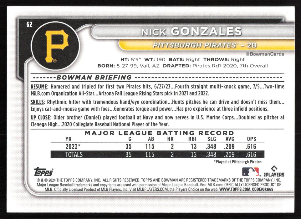 2024 Bowman #62 Nick Gonzales