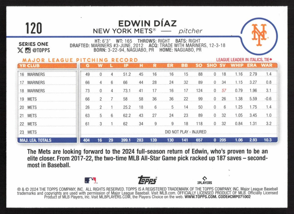 2024 Topps #120 Edwin Díaz Yellow