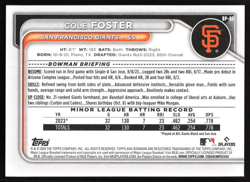 2024 Bowman #BP-83 Cole Foster Base