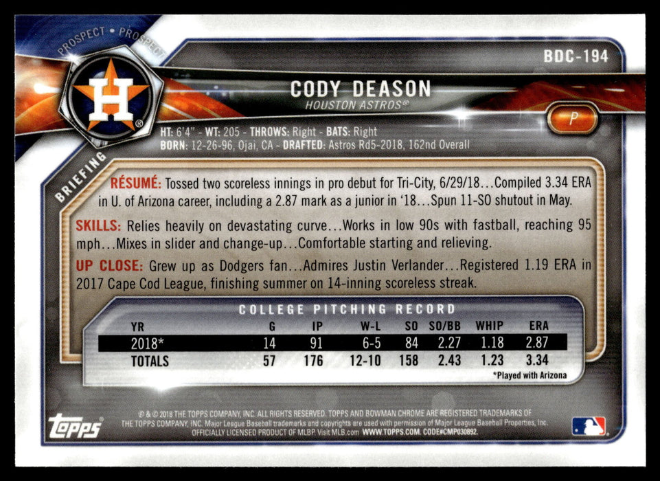 2018 Bowman Draft #BDC-194 Cody Deason Chrome