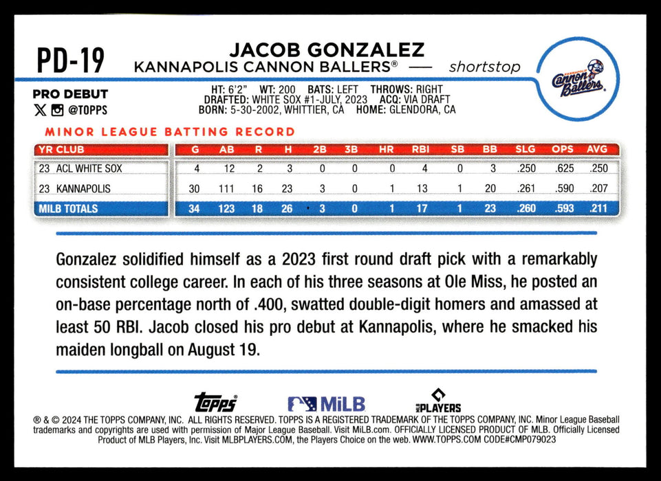 2024 Topps Pro Debut #PD-19 Jacob Gonzalez