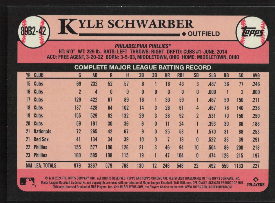 2024 Topps #89B2-42 Kyle Schwarber 1989 Topps Baseball Foil