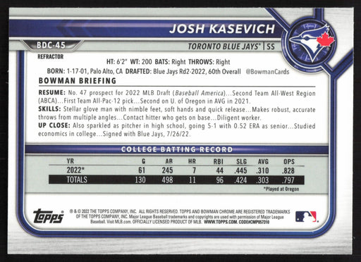 2022 Bowman Draft #BDC-45 Josh Kasevich Chrome Refractor