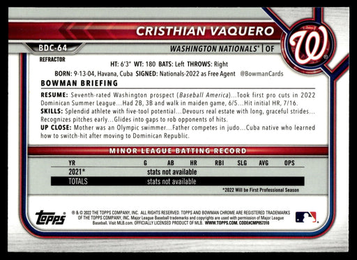 2022 Bowman Draft #BDC-64 Cristhian Vaquero Chrome Refractor