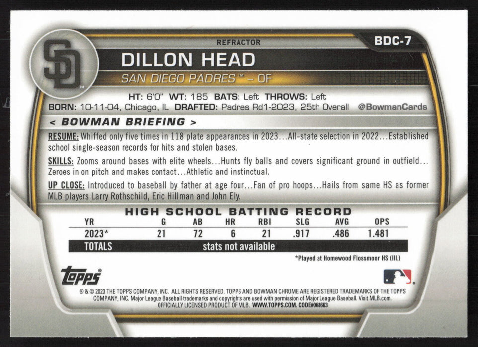 2023 Bowman Draft #BDC-7 Dillon Head Chrome Refractor