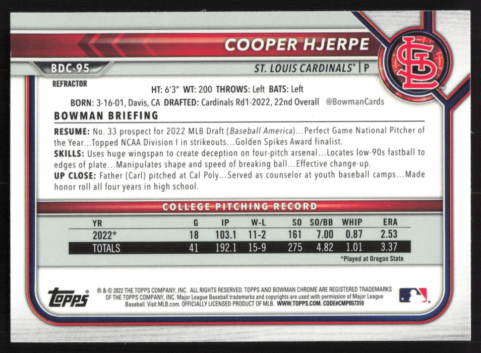 2022 Bowman Draft #BDC-95 Cooper Hjerpe Chrome Refractor