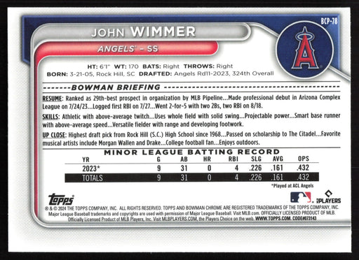 2024 Bowman #BCP-78 John Wimmer Chrome Prospects Lunar Glow Refractors