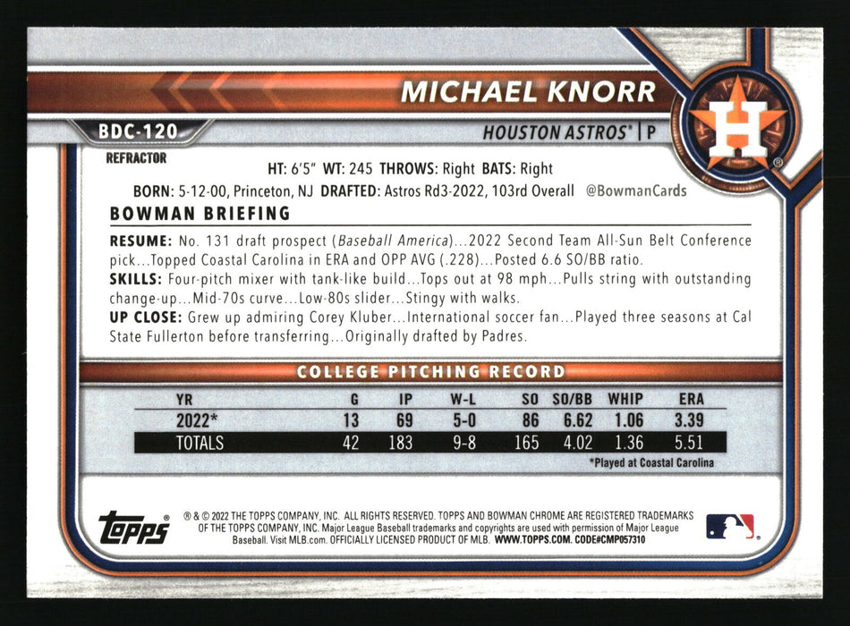 2022 Bowman Draft #BDC-120 Michael Knorr Chrome Refractor