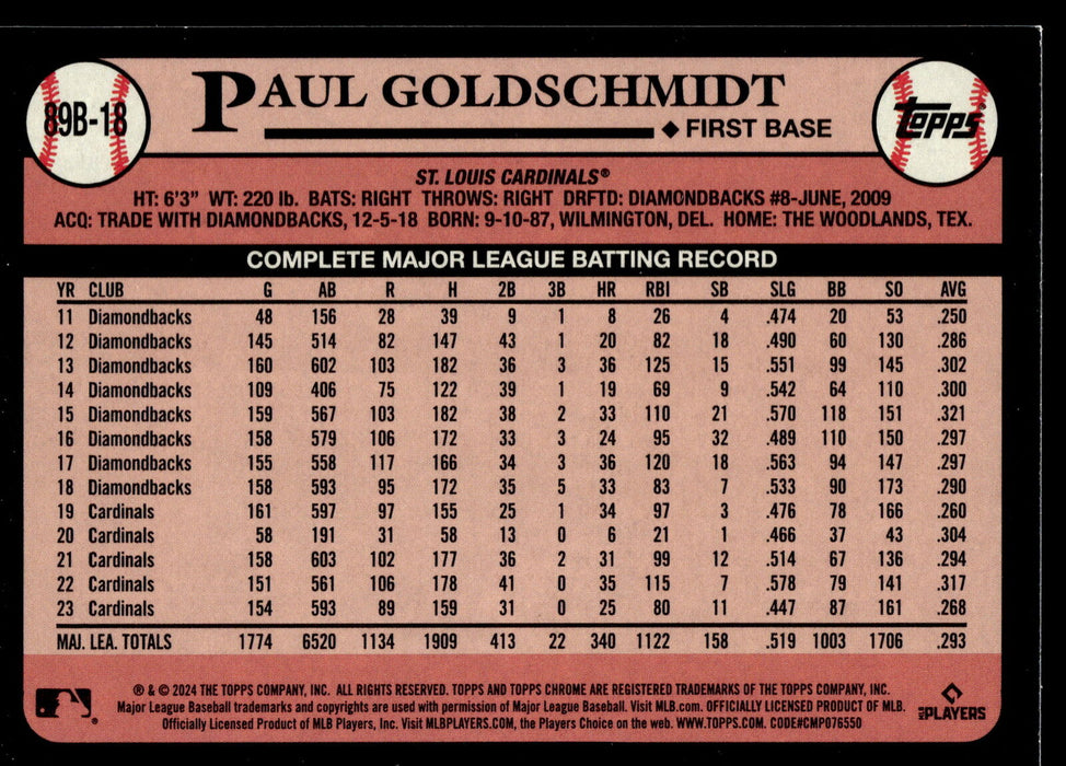 2024 Topps #89B-18 Paul Goldschmidt 1989 Topps Baseball 35th Anniversary Foil