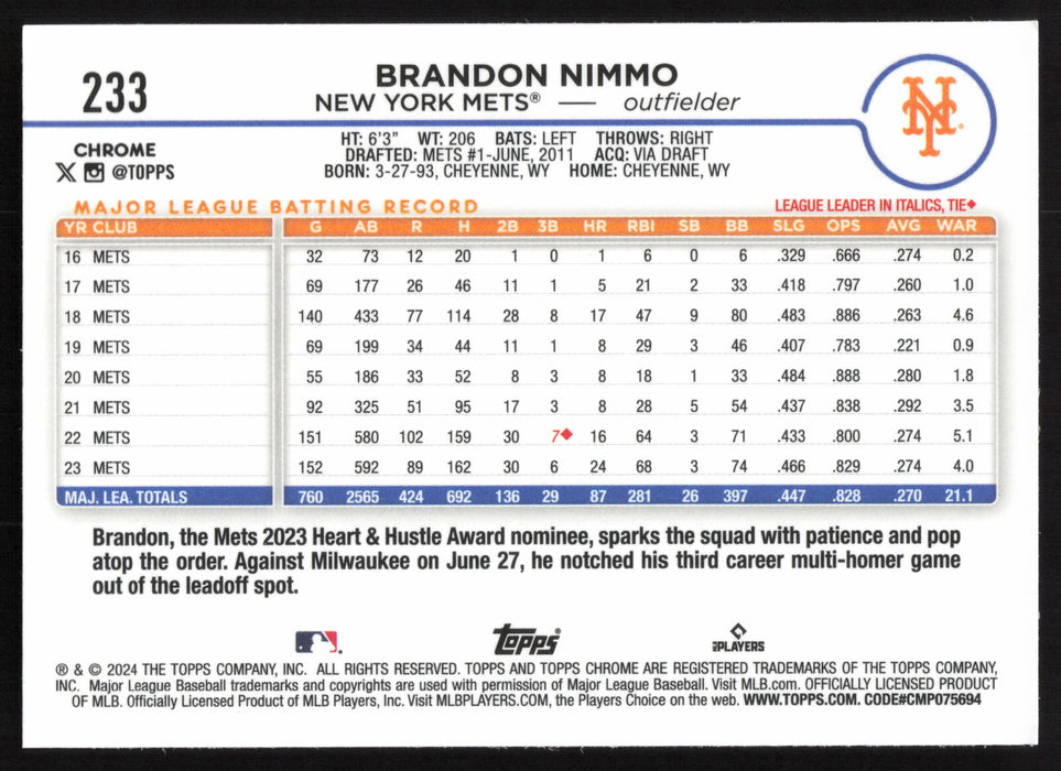 2024 Topps Chrome #233 Brandon Nimmo