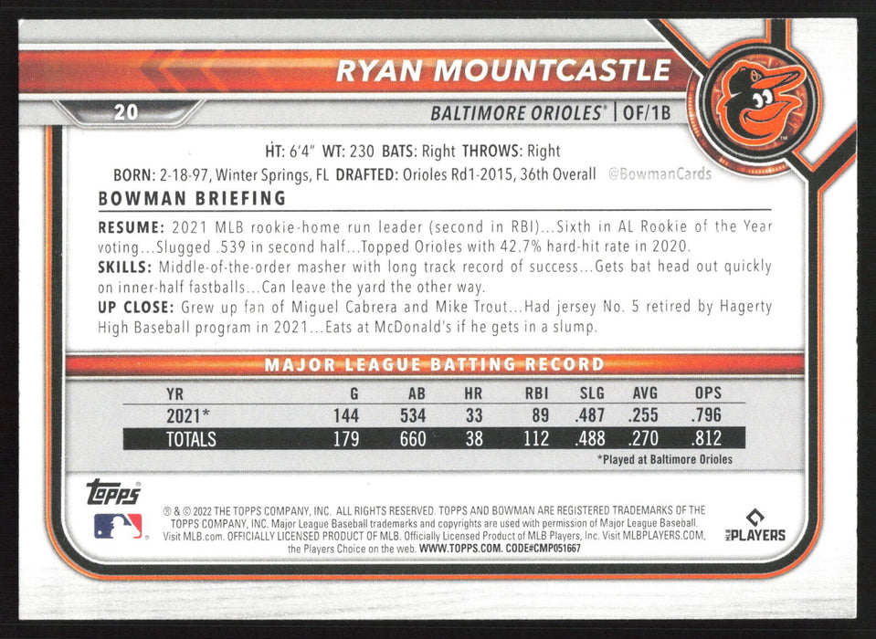 2022 Bowman #20 Ryan Mountcastle