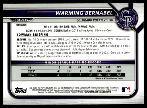 2022 Bowman Draft #BDC-179 Warming Bernabel Chrome Refractor