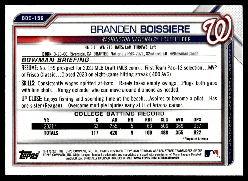 2021 Bowman Draft #BDC-156 Branden Boissiere Chrome Black & White RayWave