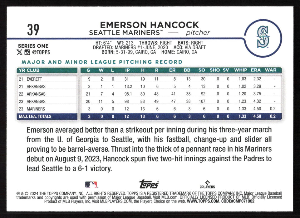 2024 Topps #39 Emerson Hancock