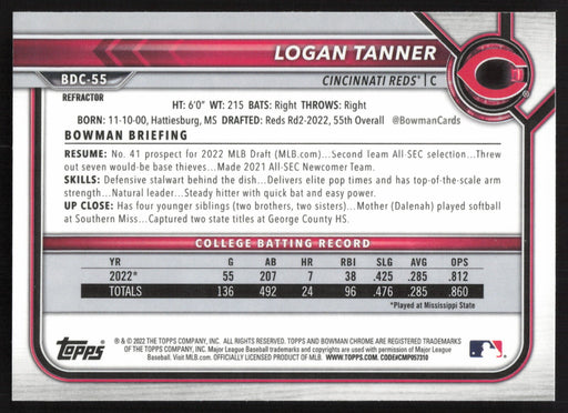 2022 Bowman Draft #BDC-55 Logan Tanner Chrome Refractor