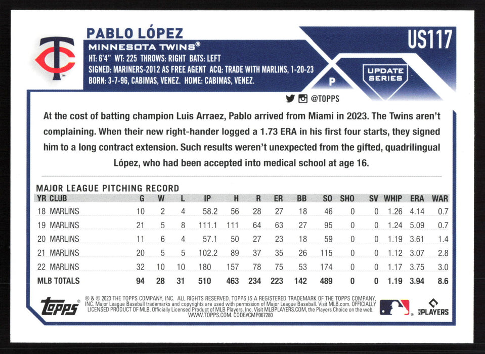 2023 Topps Update #US117 Pablo López Gold Foil