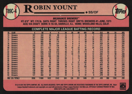 2024 Topps #T89C-4 Robin Yount 1989 Topps Baseball 35th Anniversary Chrome