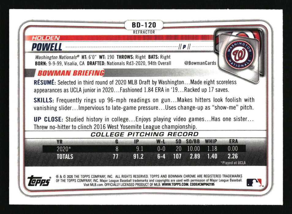 2020 Bowman Draft #BD-120 Holden Powell Chrome Refractor