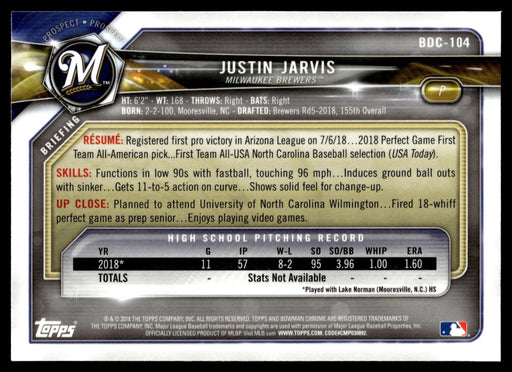 2018 Bowman Draft #BDC-104 Justin Jarvis Chrome