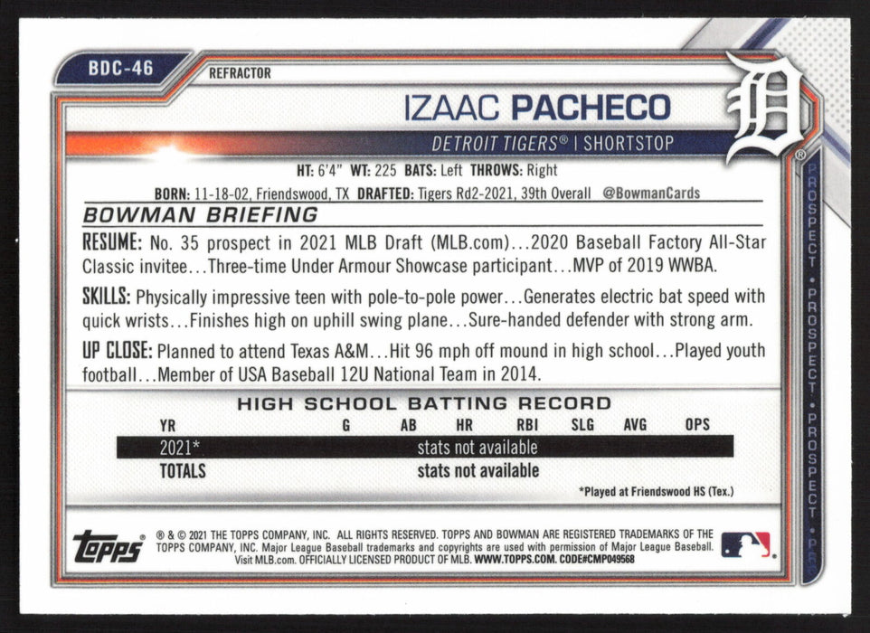 2021 Bowman Draft #BDC-46 Izaac Pacheco Chrome Refractor