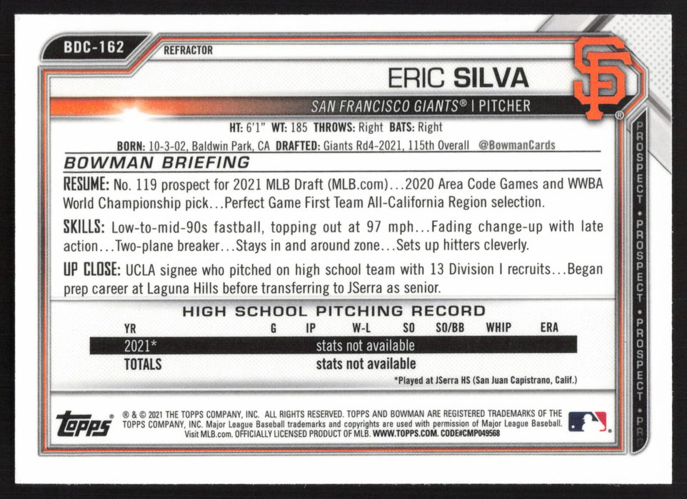 2021 Bowman Draft #BDC-162 Eric Silva Chrome Refractor