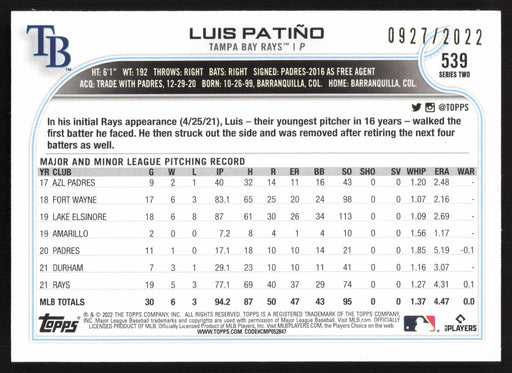 2022 Topps #539 Luis Patiño Gold #/2022