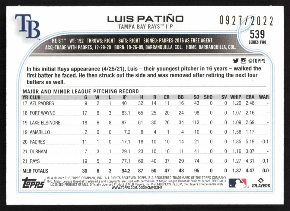 2022 Topps #539 Luis Patiño Gold #/2022